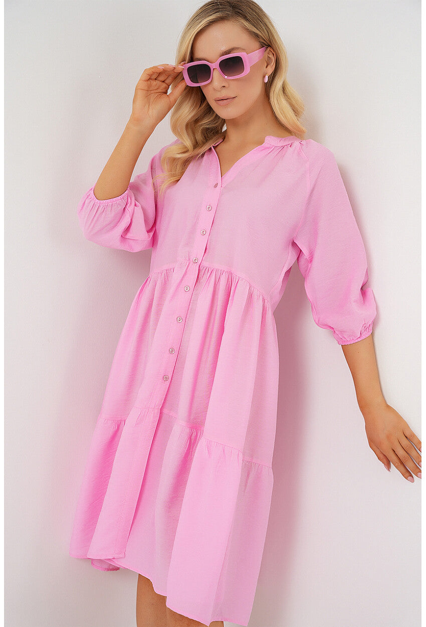 Kadın Düğmeli Kısa Kol Elbise 2559