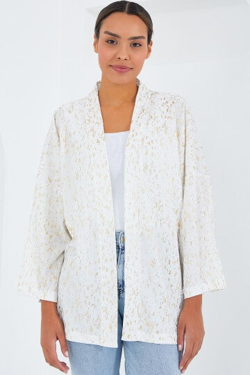 Kadın Ekru Varaklı Örme Kimono 5925