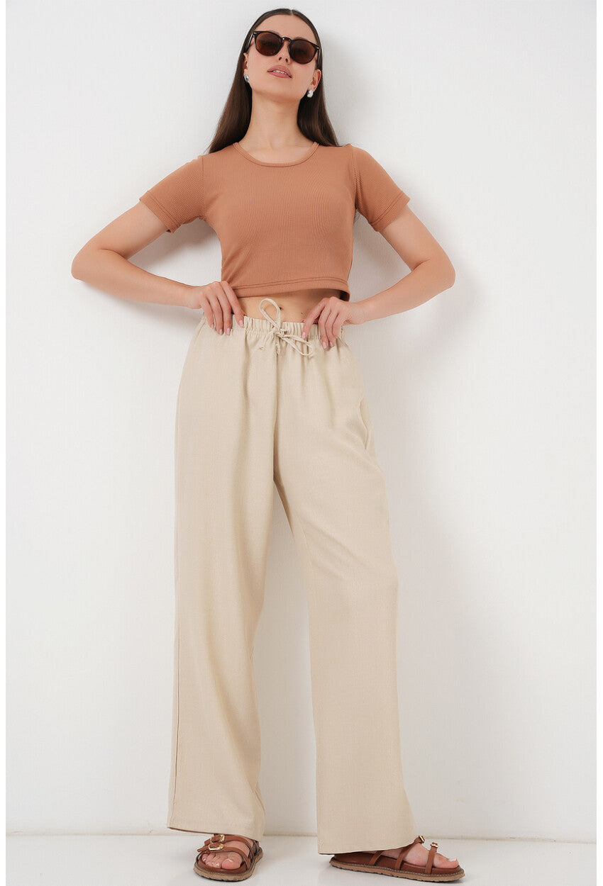 Kadın Geniş Paça Keten Pantolon 6735