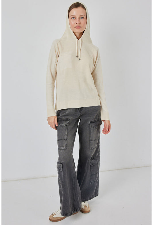 Kadın Kapüşonlu Triko Kazak 15941