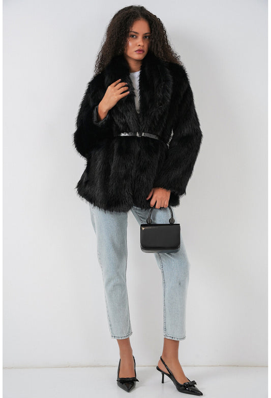 Kadın Kemerli Oversize Kürklü Kaban