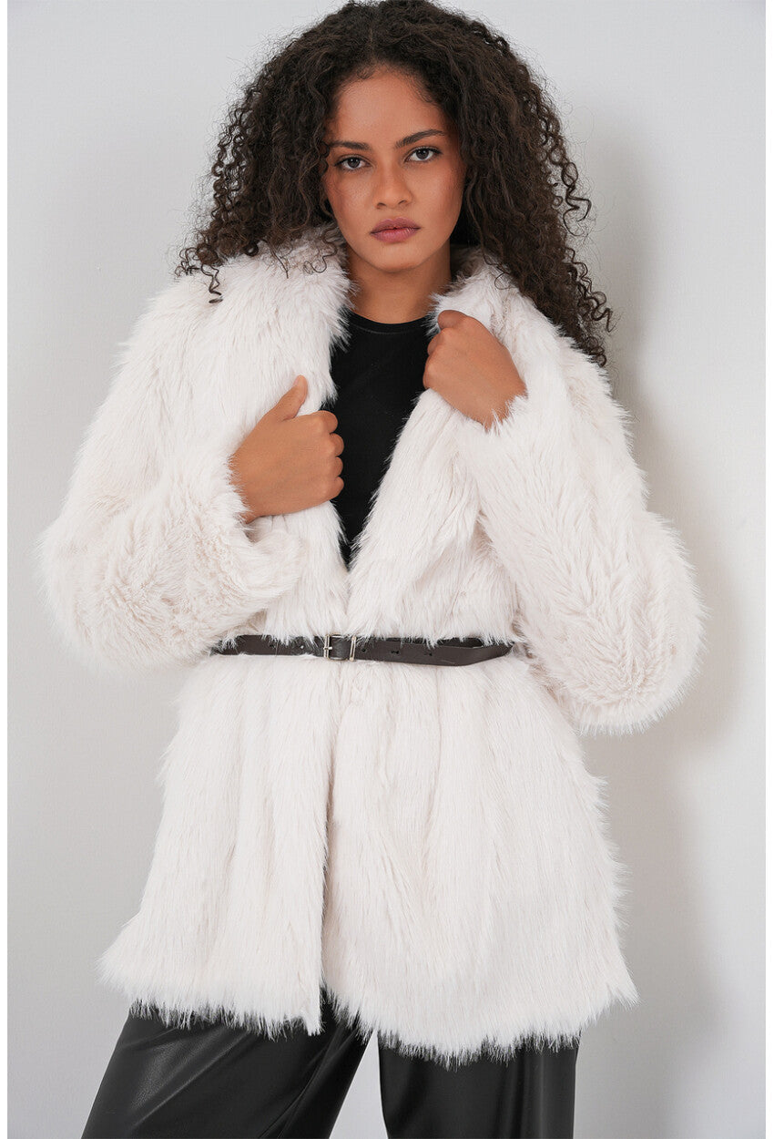 Kadın Kemerli Oversize Kürklü Kaban