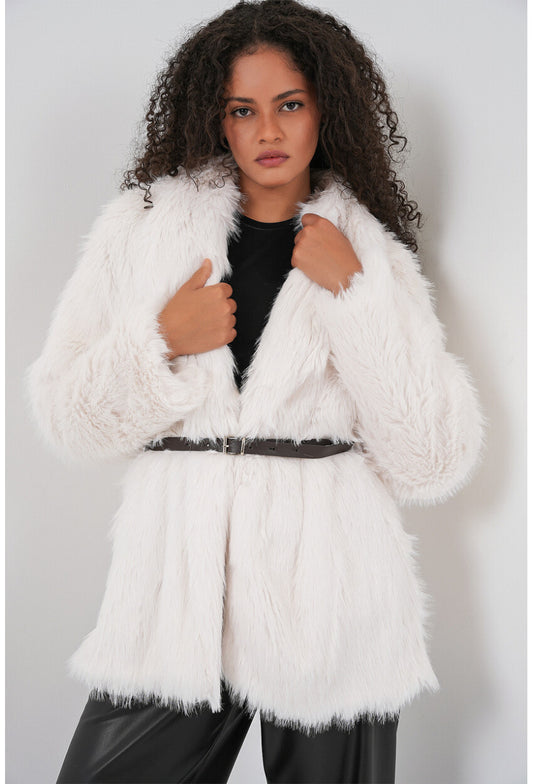 Kadın Kemerli Oversize Kürklü Kaban