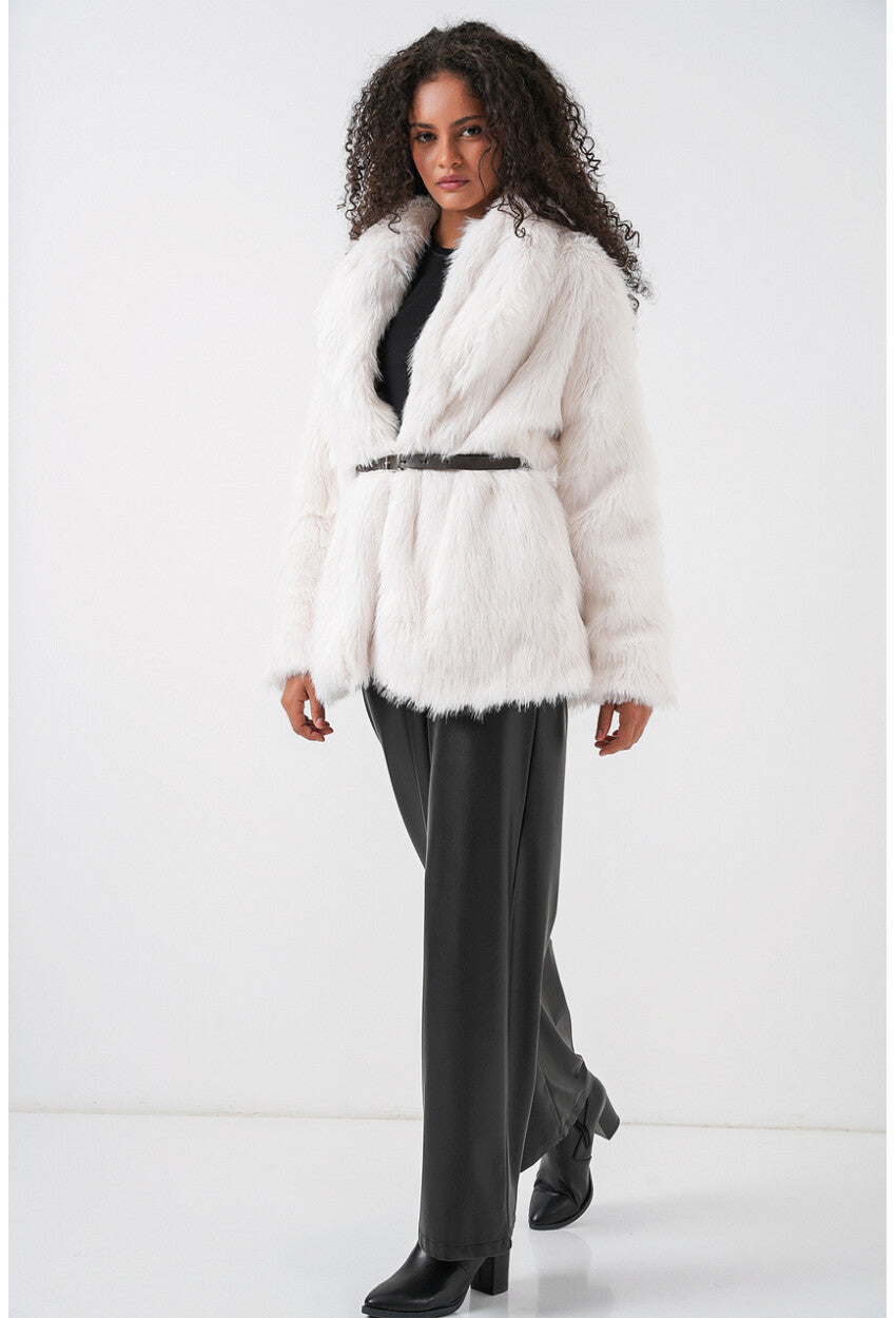 Kadın Kemerli Oversize Kürklü Kaban