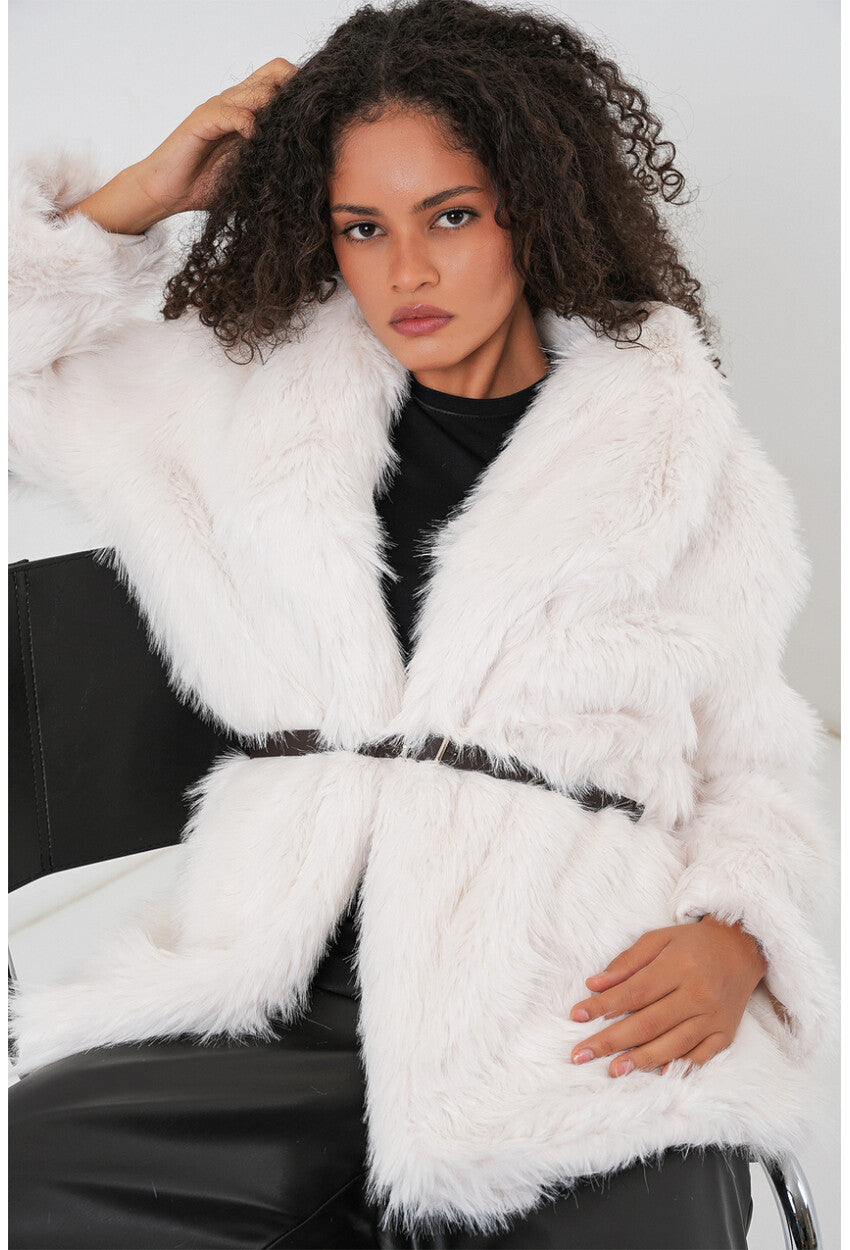 Kadın Kemerli Oversize Kürklü Kaban
