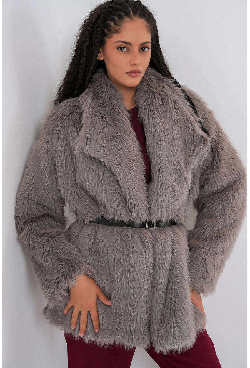 Kadın Kemerli Oversize Kürklü Kaban