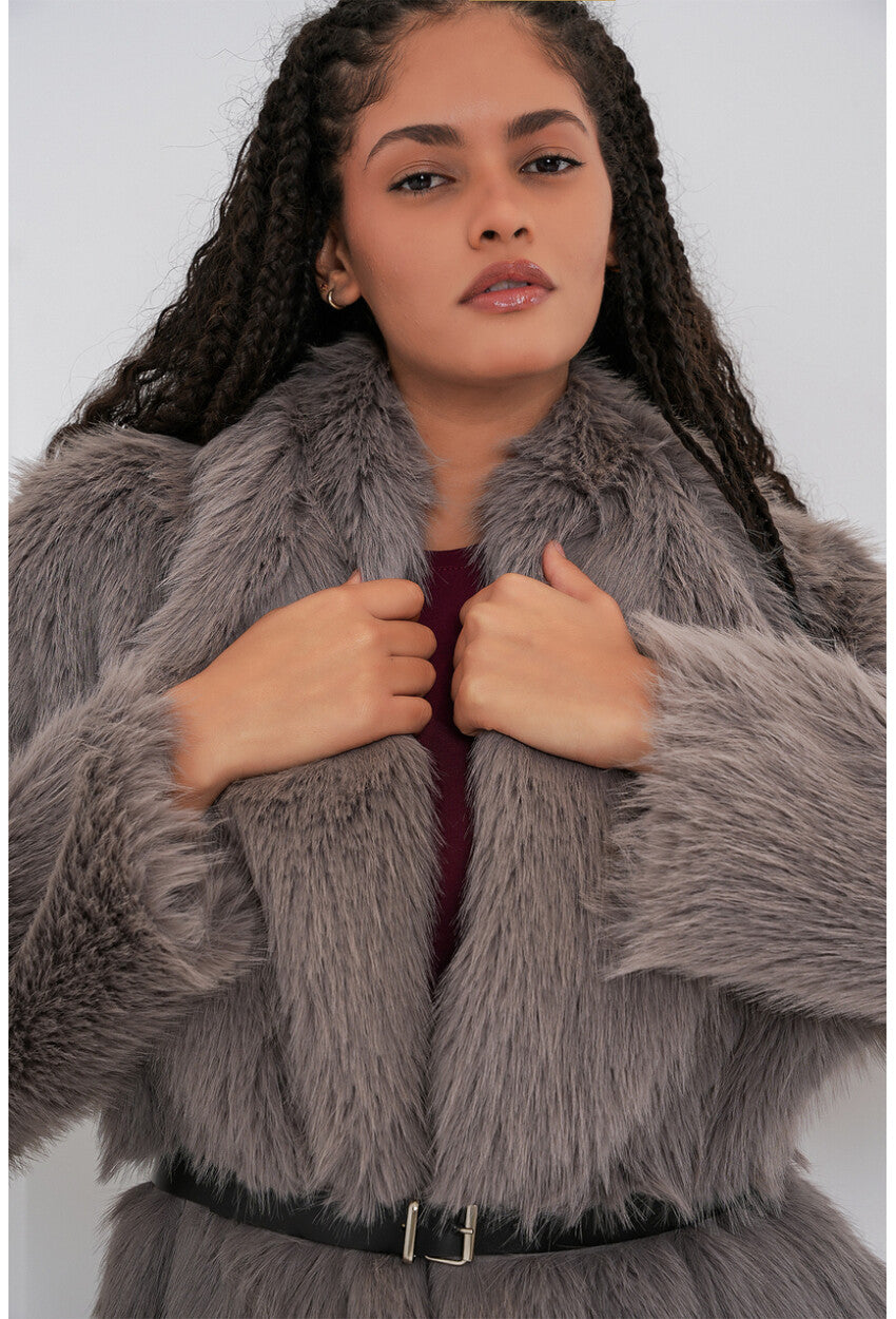 Kadın Kemerli Oversize Kürklü Kaban