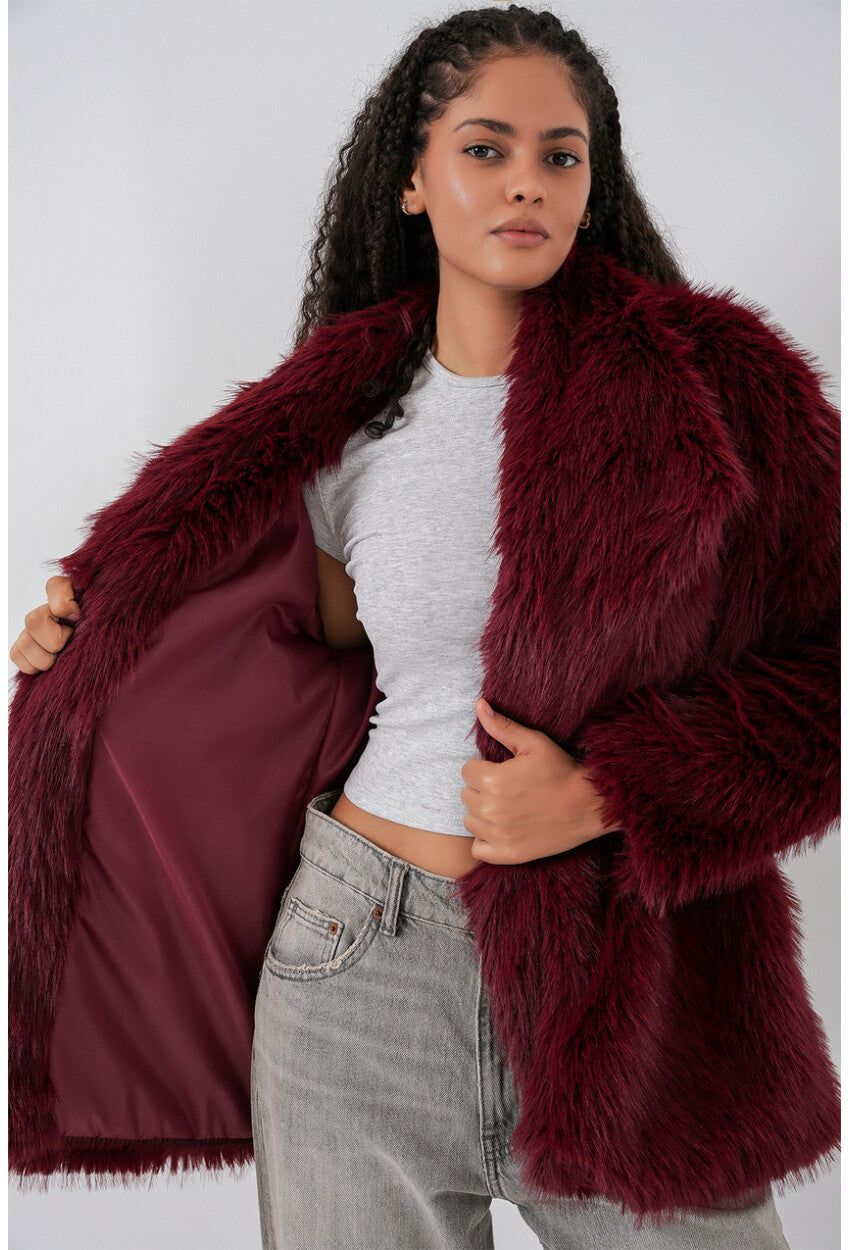 Kadın Kemerli Oversize Kürklü Kaban