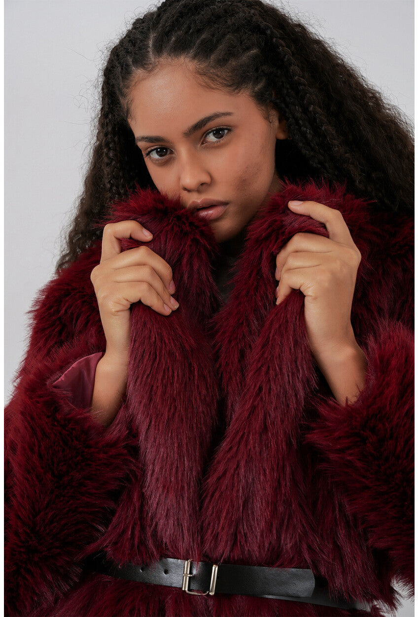 Kadın Kemerli Oversize Kürklü Kaban