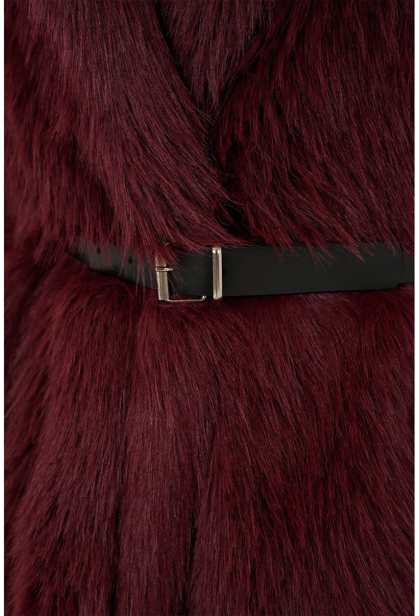 Kadın Kemerli Oversize Kürklü Kaban