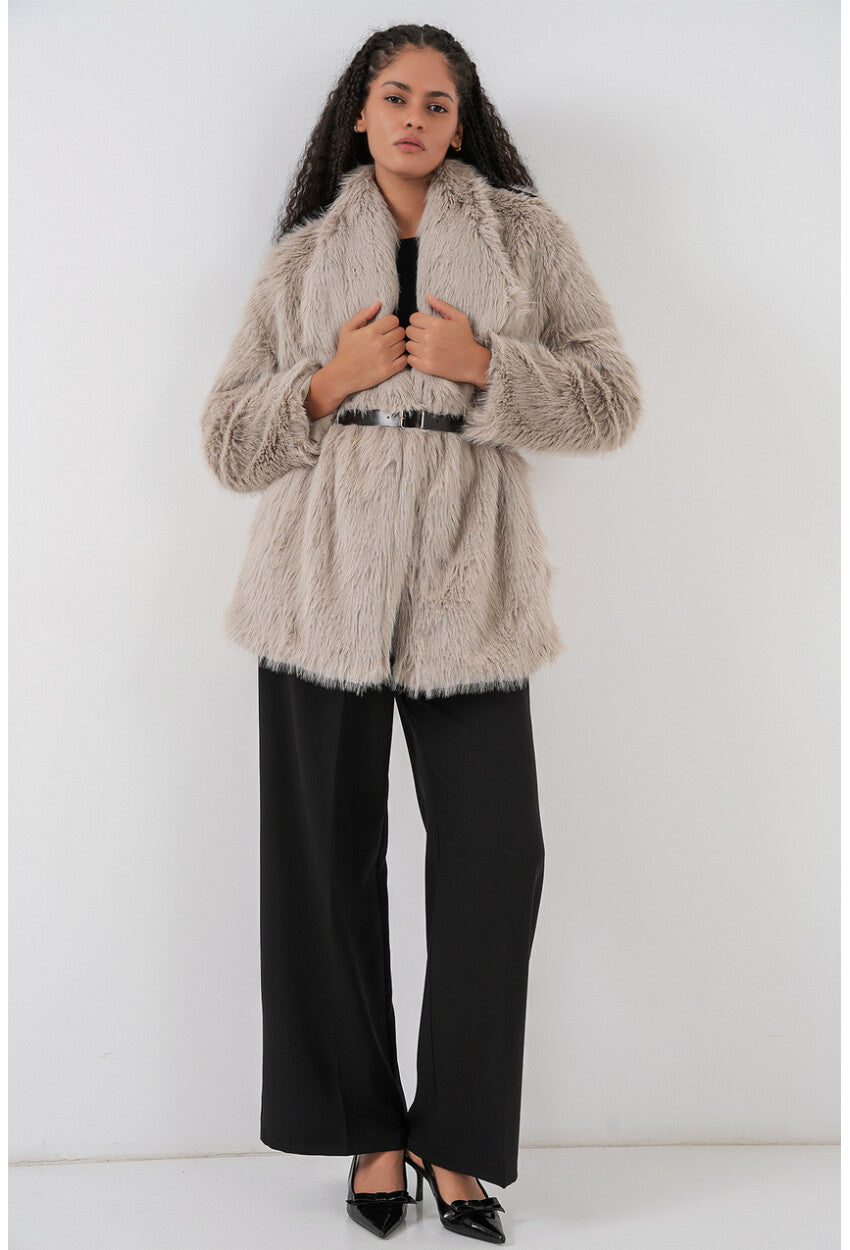 Kadın Kemerli Oversize Kürklü Kaban