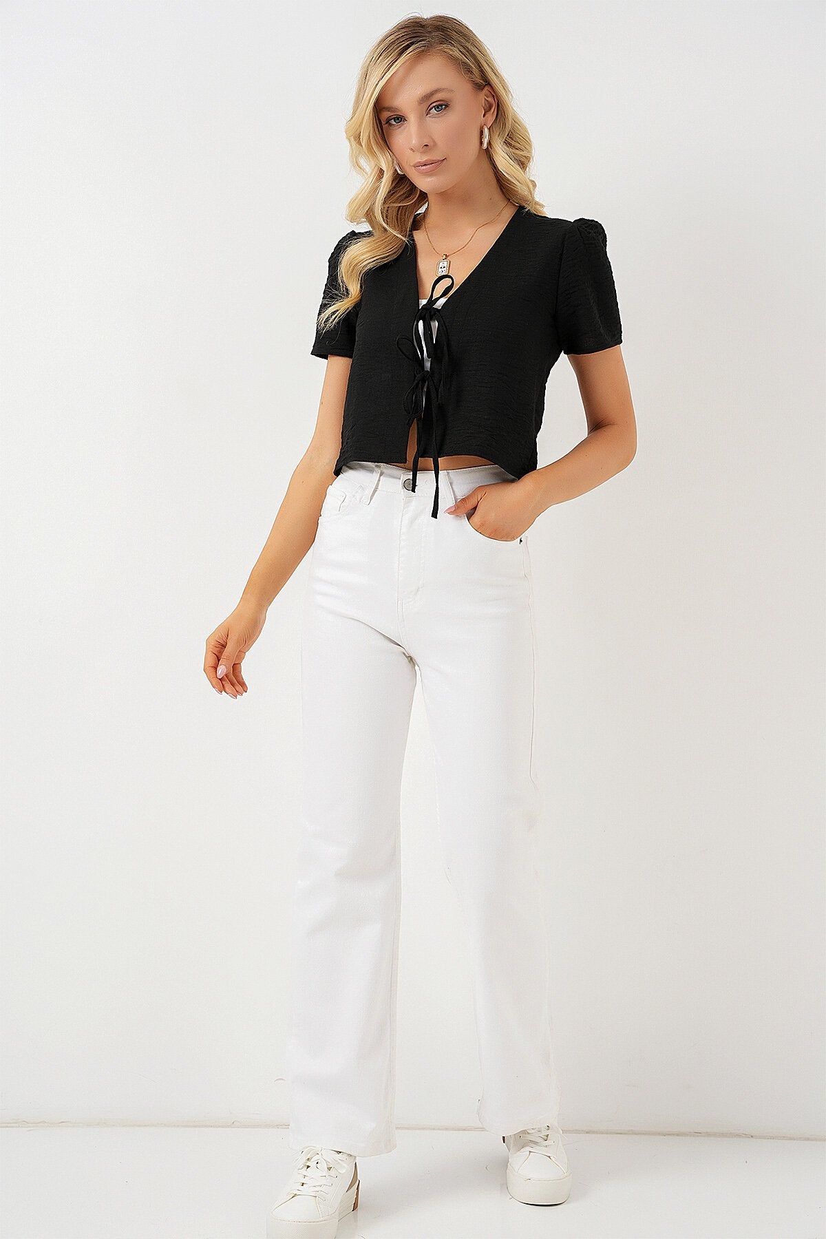 Kadın Kısa Kol Crop Bluz - Siyah 958