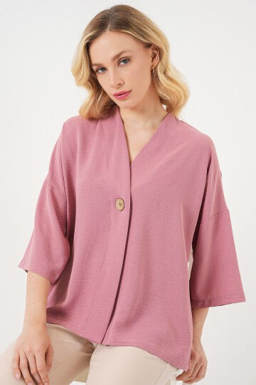 Kadın Kısa Kol Oversize Kimono 5969 - Gül Kurusu