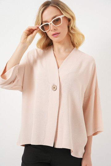 Kadın Kısa Kol Oversize Kimono 5969 - Krem