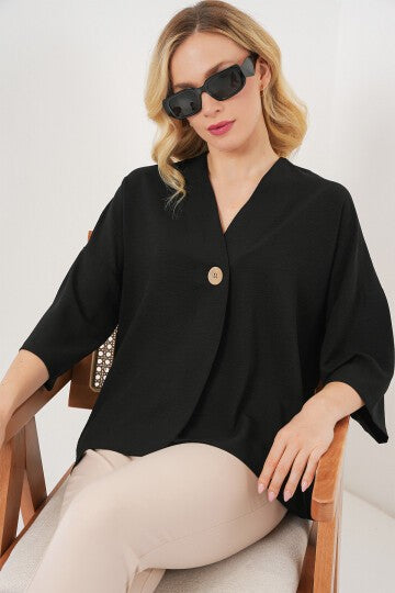 Kadın Kısa Kol Oversize Kimono 5969 - Siyah