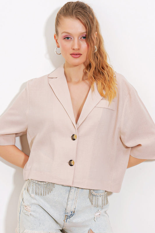 Merterium Kadın Krem Çift Düğmeli Oversize Crop Keten Ceket 0706