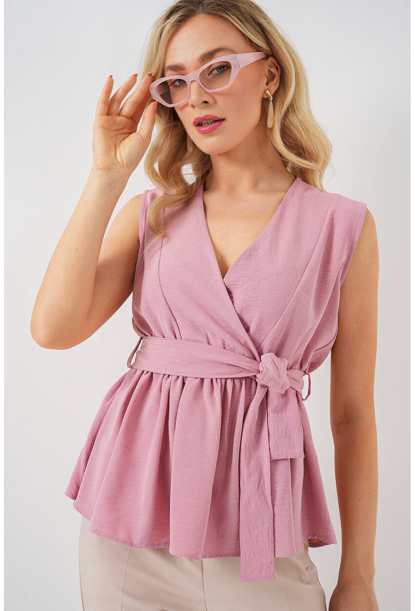 Kadın Kruvaze Yaka Kolsuz Bluz 966