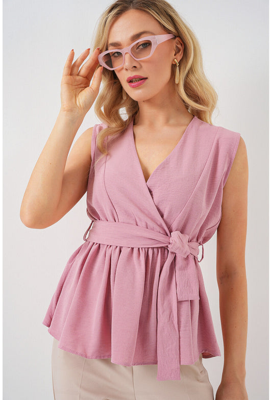 Kadın Kruvaze Yaka Kolsuz Bluz 966