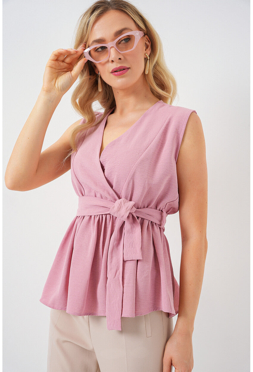 Kadın Kruvaze Yaka Kolsuz Bluz 966