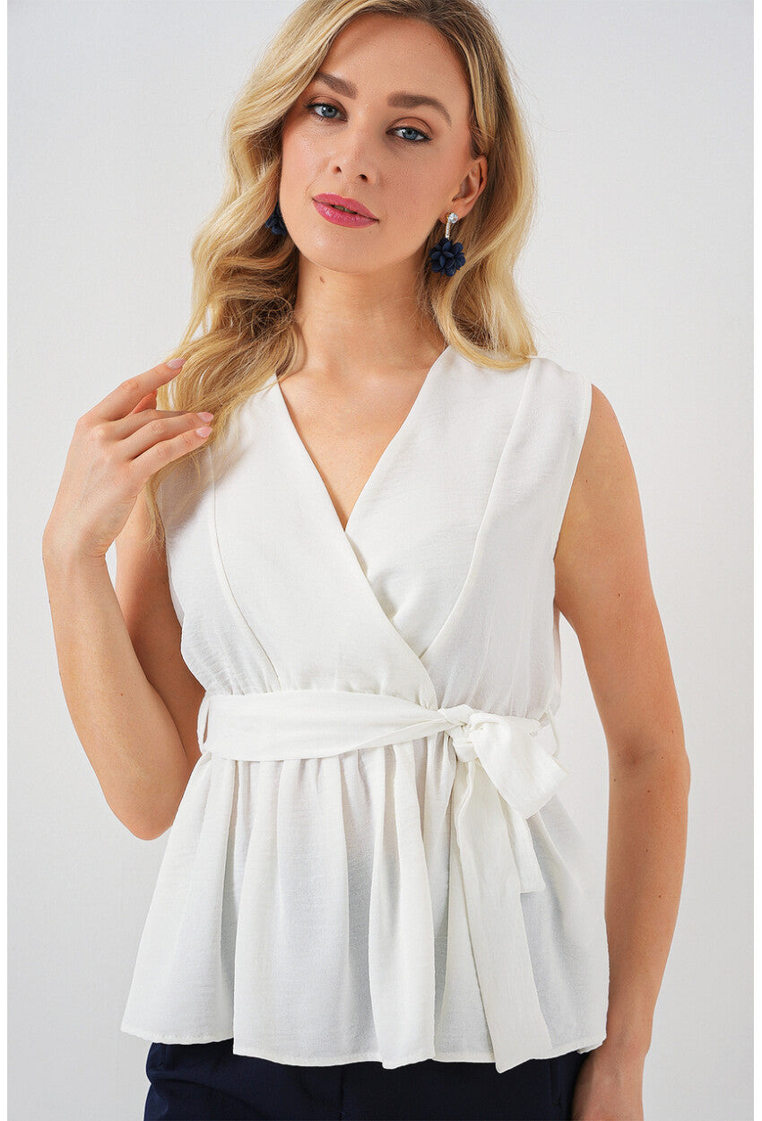 Kadın Kruvaze Yaka Kolsuz Bluz 966