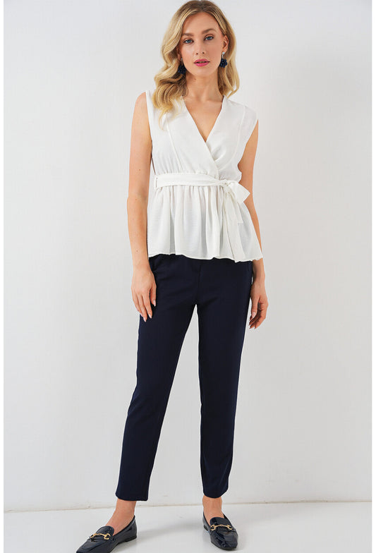 Kadın Kruvaze Yaka Kolsuz Bluz 966