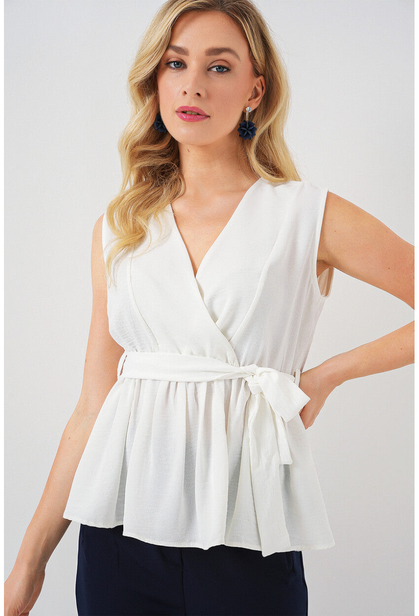 Kadın Kruvaze Yaka Kolsuz Bluz 966