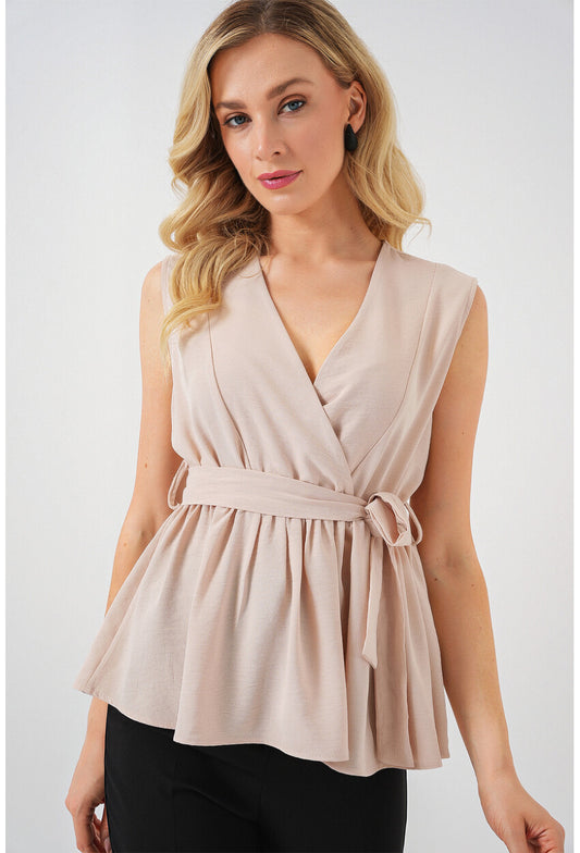 Kadın Kruvaze Yaka Kolsuz Bluz 966