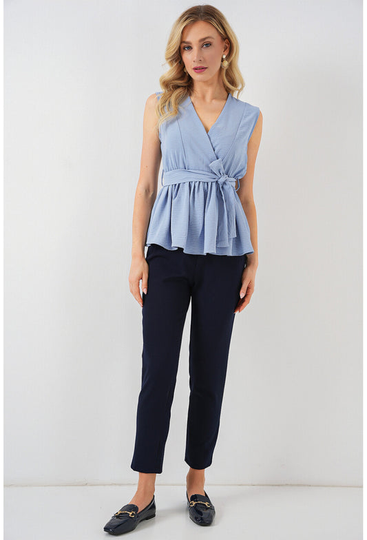 Kadın Kruvaze Yaka Kolsuz Bluz 966