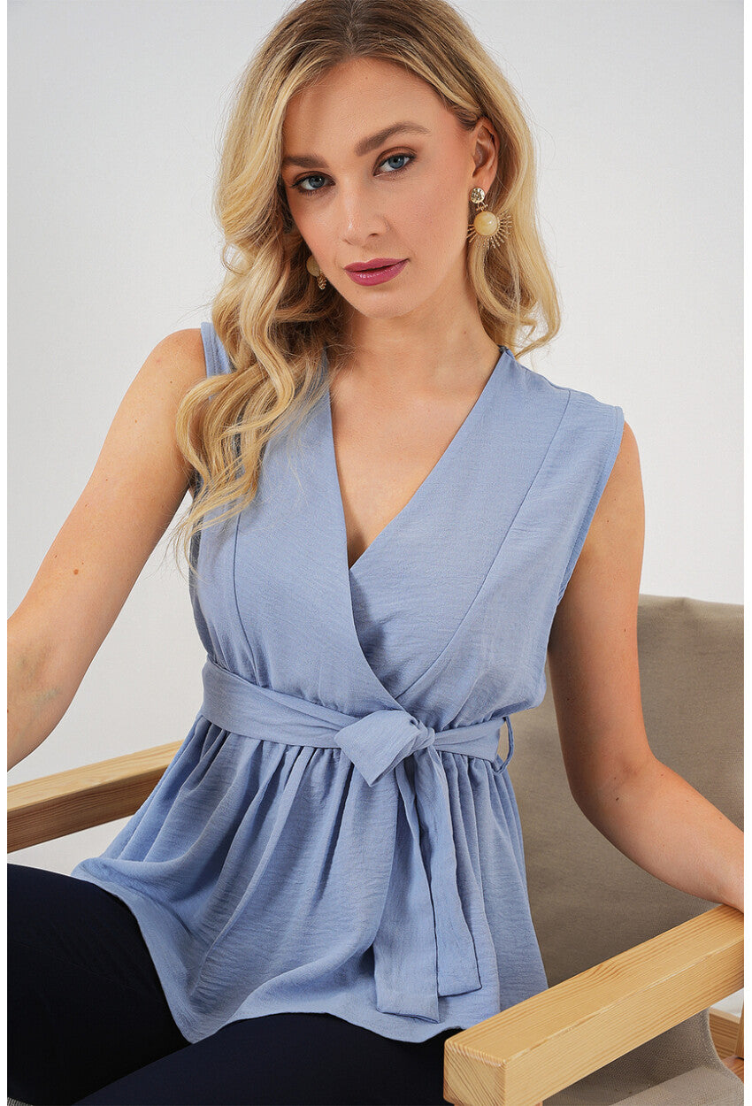 Kadın Kruvaze Yaka Kolsuz Bluz 966