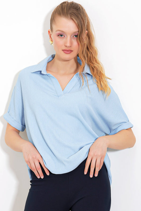 Kadın Mavi Oversize Polo Yaka Örme Bluz 0486