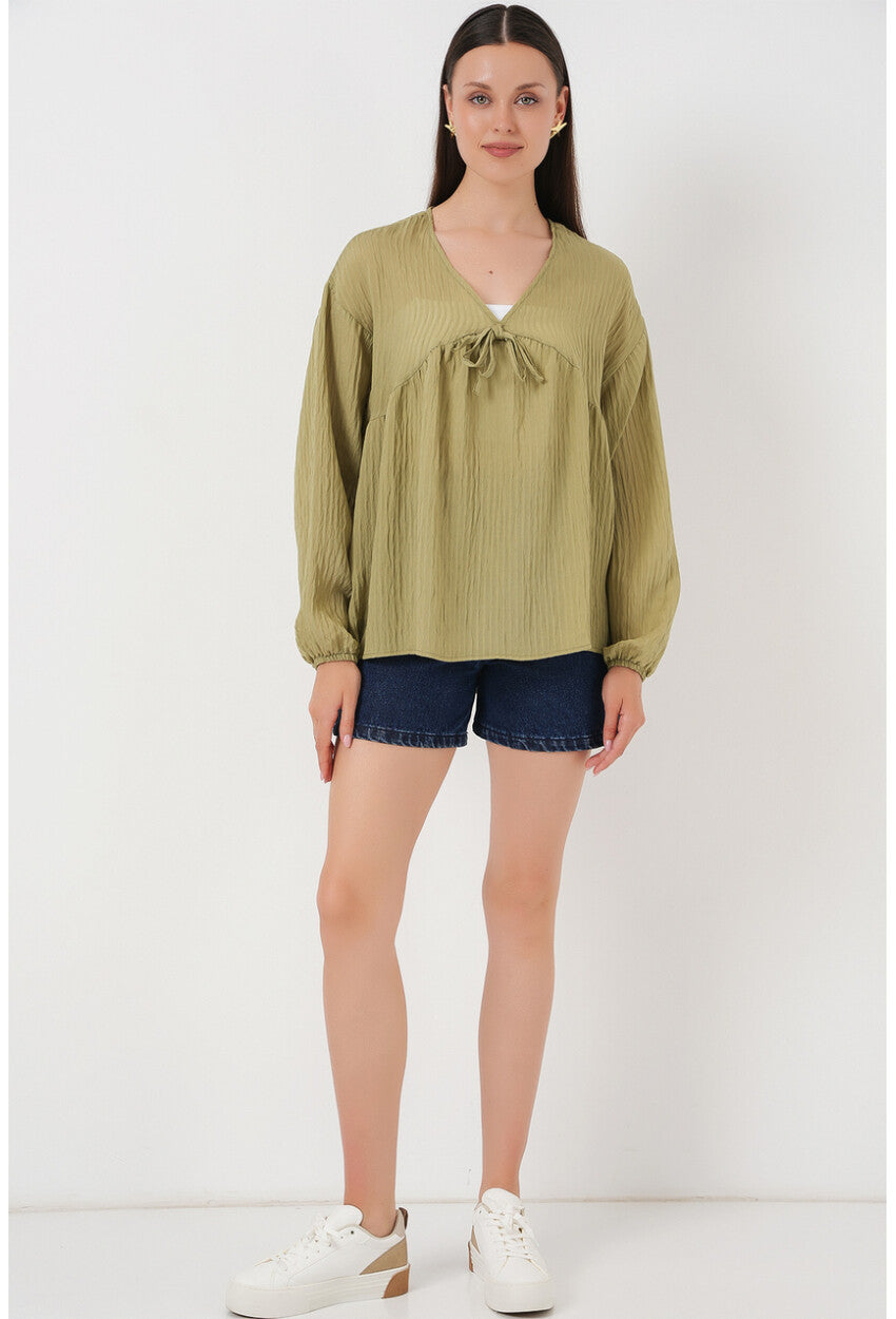 Kadın Önü Bağcıklı Uzun Kol Bluz 946