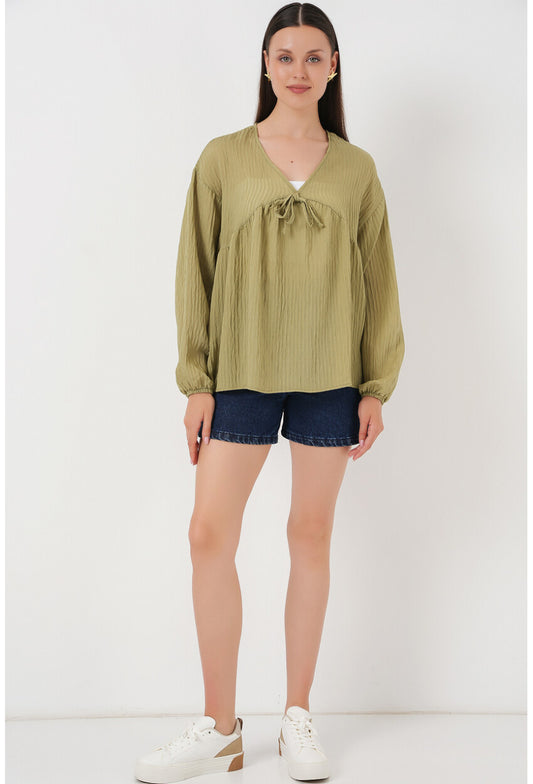 Kadın Önü Bağcıklı Uzun Kol Bluz 946
