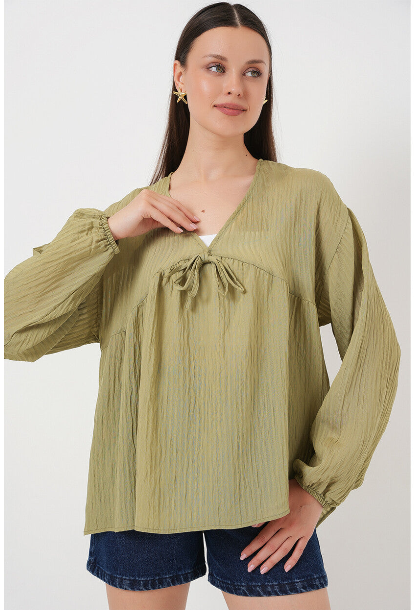 Kadın Önü Bağcıklı Uzun Kol Bluz 946