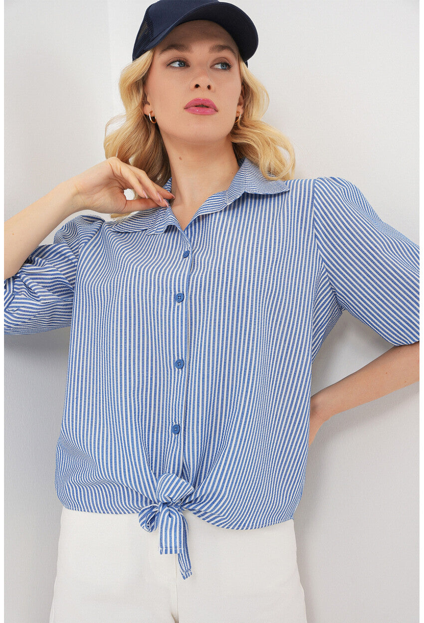 Kadın Önü Bağlamalı Çizgili Gömlek 20323