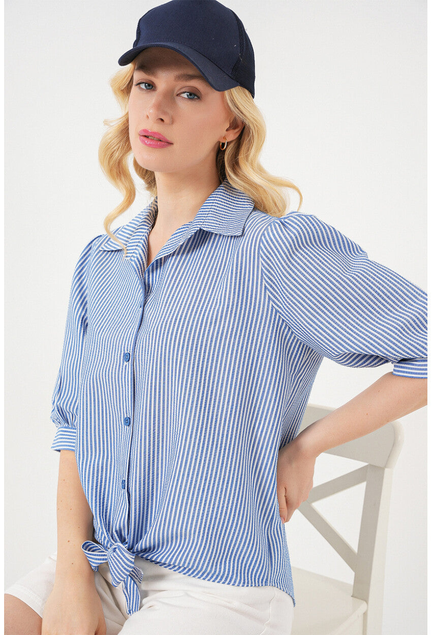 Kadın Önü Bağlamalı Çizgili Gömlek 20323