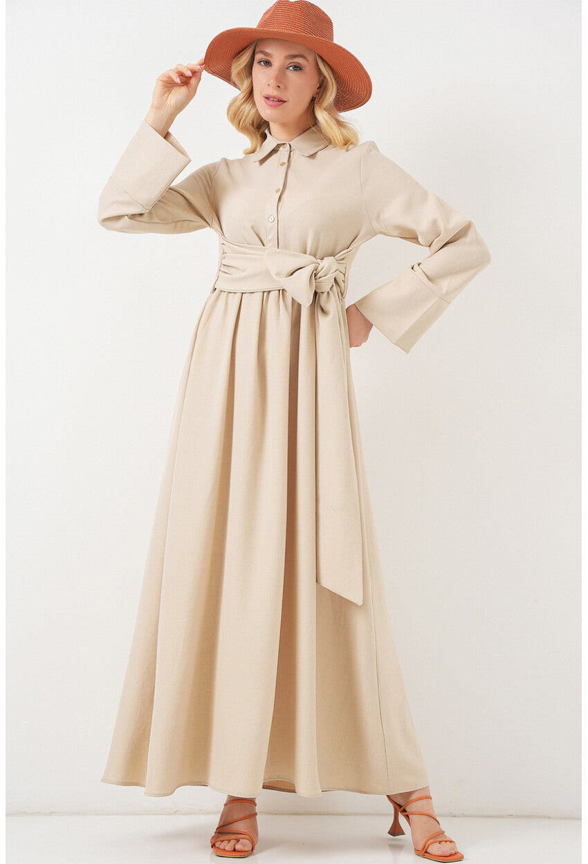 Kadın Önü Bağlamalı Keten Elbise 2574