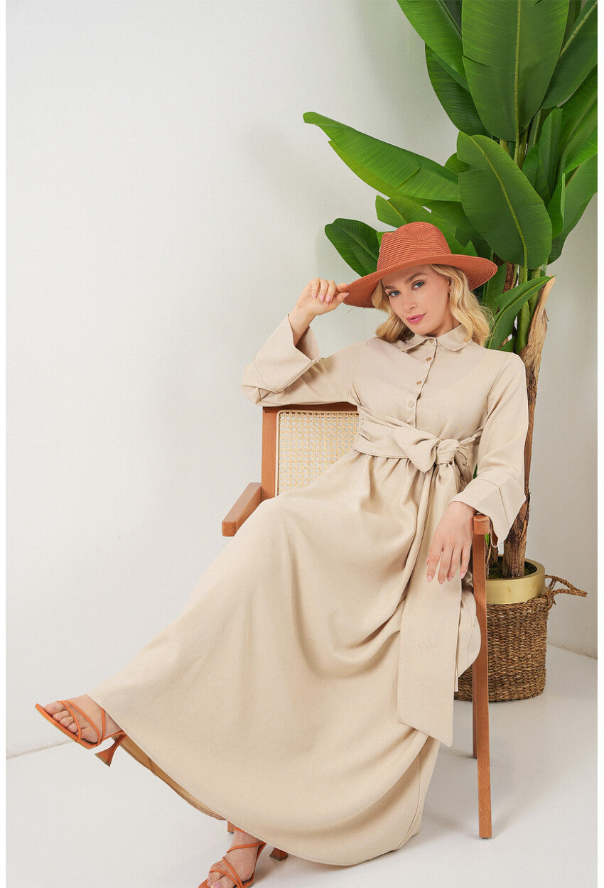 Kadın Önü Bağlamalı Keten Elbise 2574