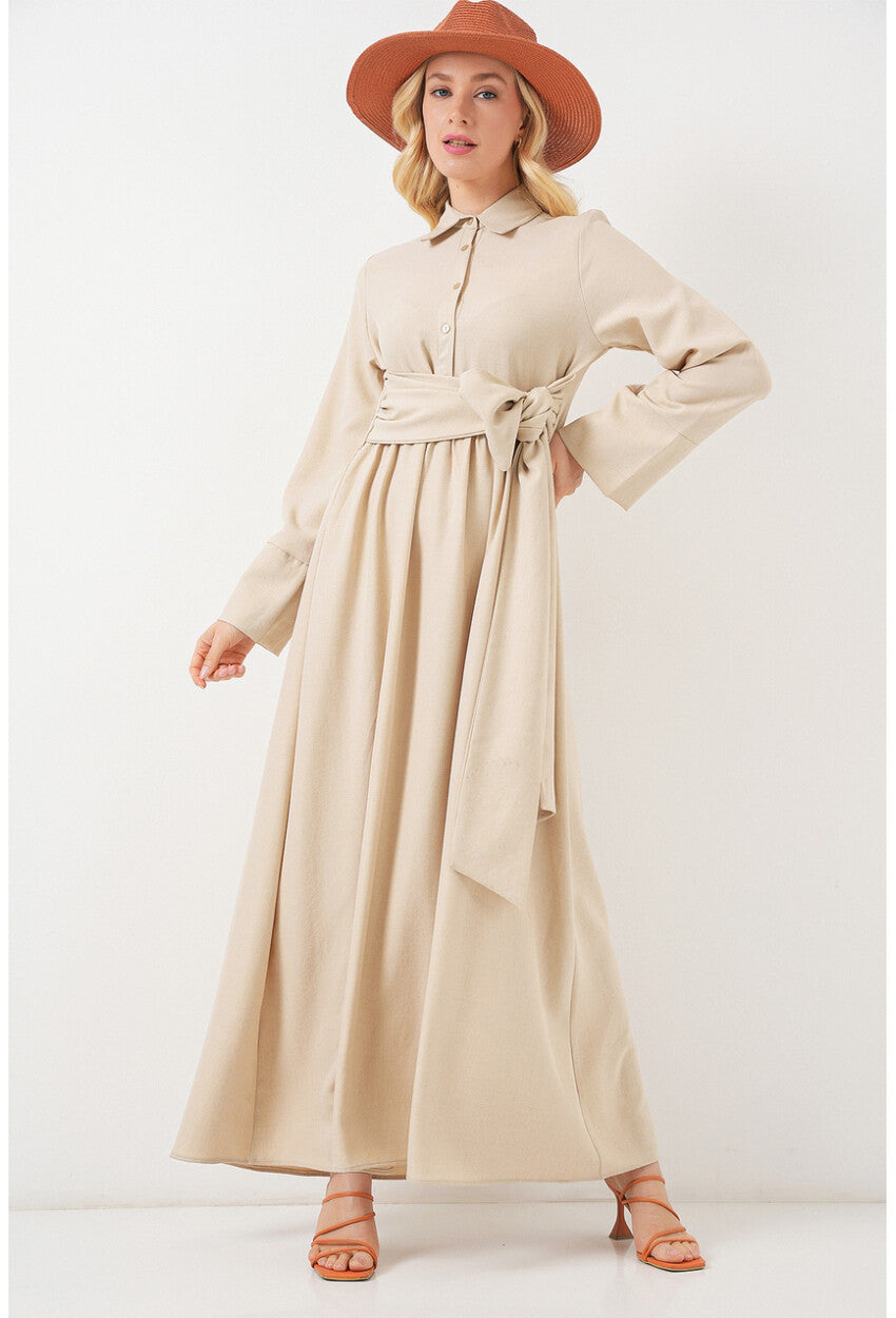 Kadın Önü Bağlamalı Keten Elbise 2574