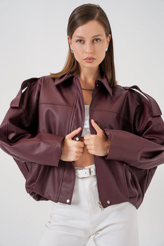 Kadın Oversize Deri Ceket 1055 - Bordo