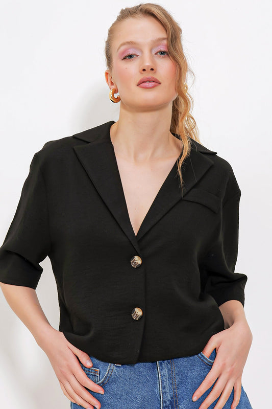 Merterium Kadın Siyah Çift Düğmeli Oversize Crop Keten Ceket 0706