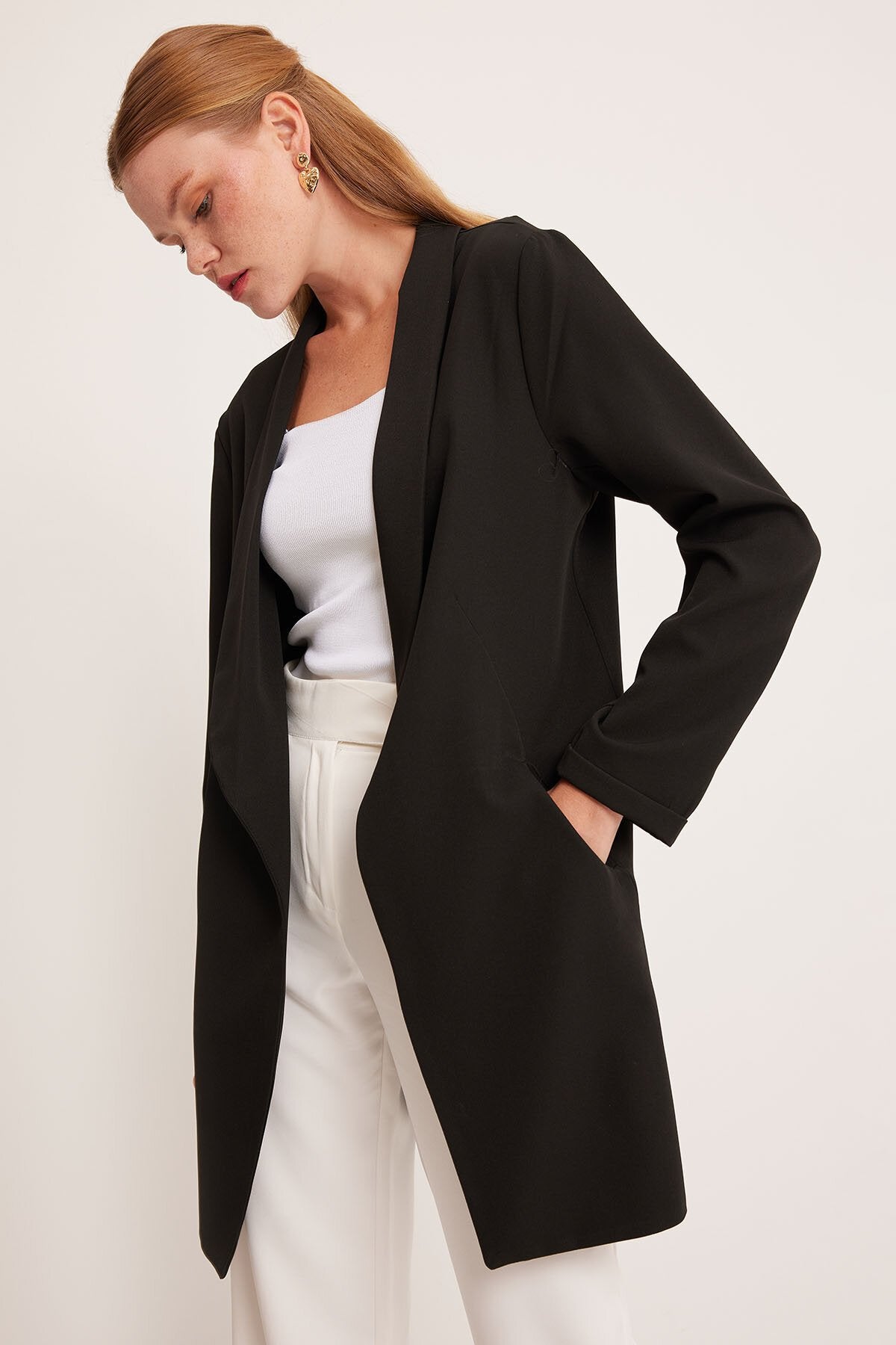 Merterium Kadın Siyah Uzun Blazer Ceket 0705