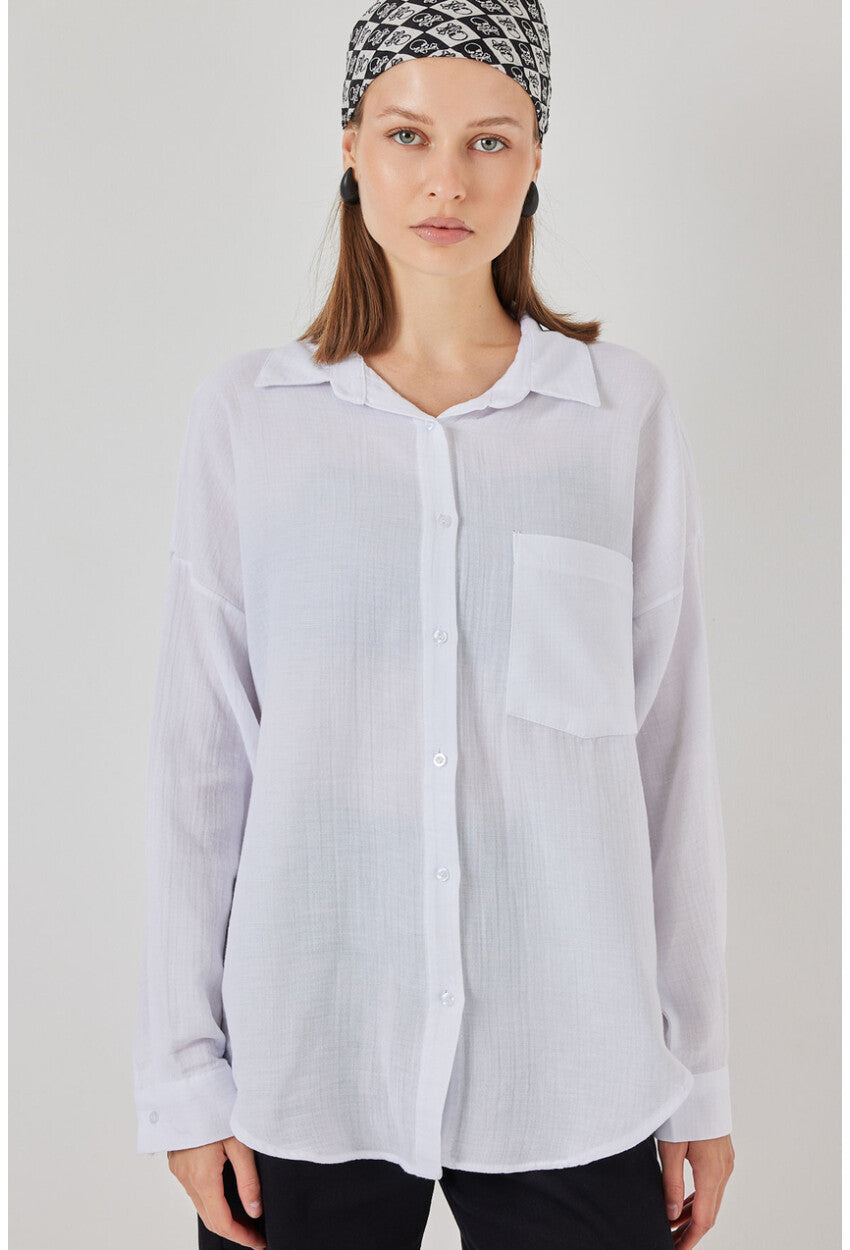 Kadın Tek Cepli Oversize Müslin Gömlek 20353