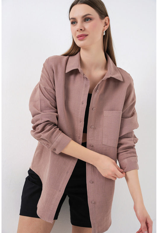 Kadın Tek Cepli Oversize Müslin Gömlek 20353