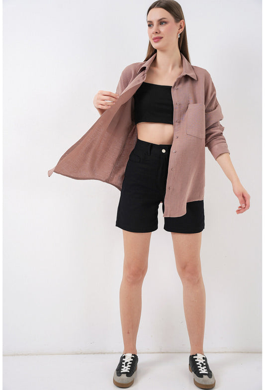 Kadın Tek Cepli Oversize Müslin Gömlek 20353