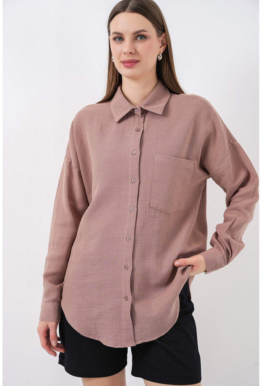 Kadın Tek Cepli Oversize Müslin Gömlek 20353