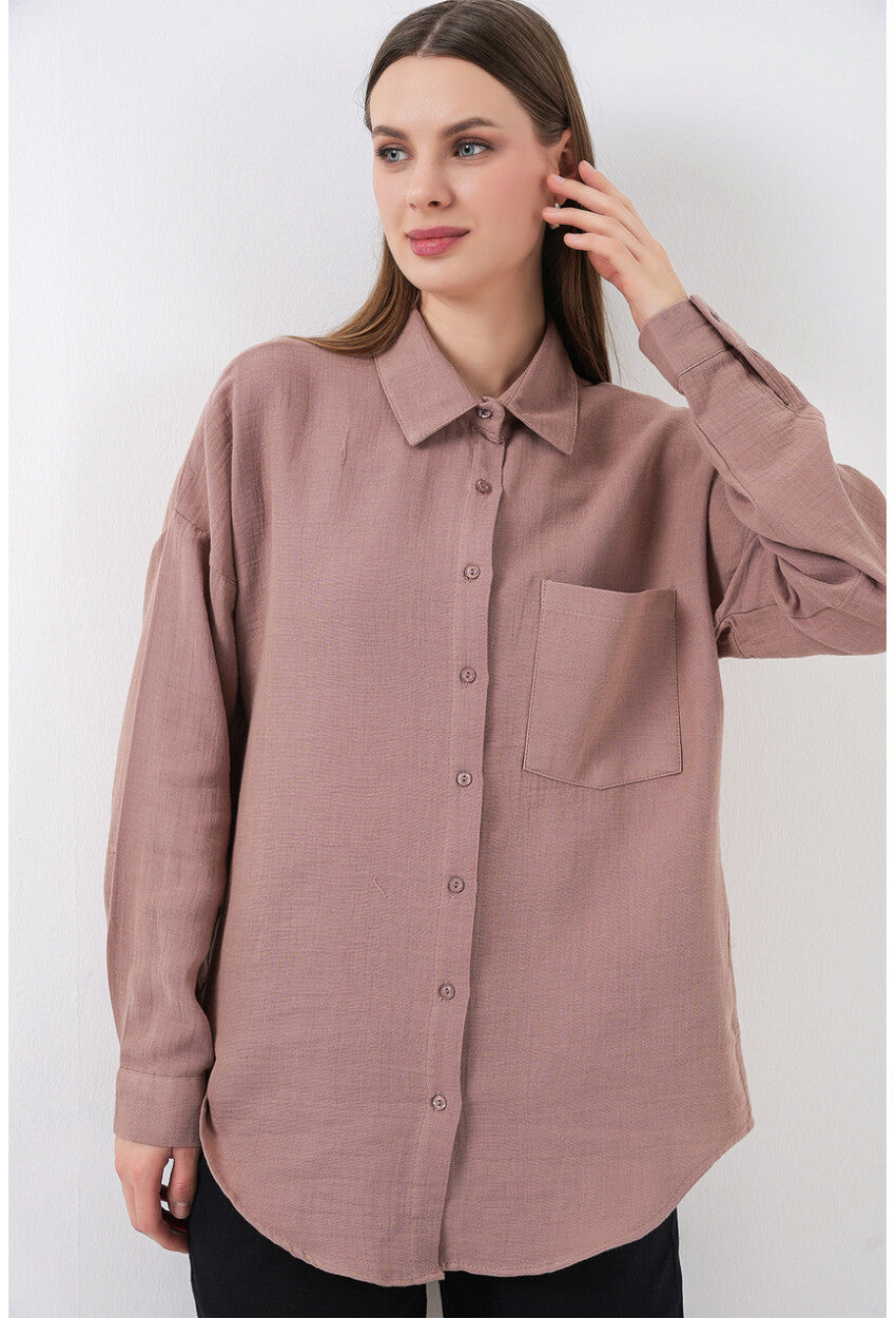 Kadın Tek Cepli Oversize Müslin Gömlek 20353