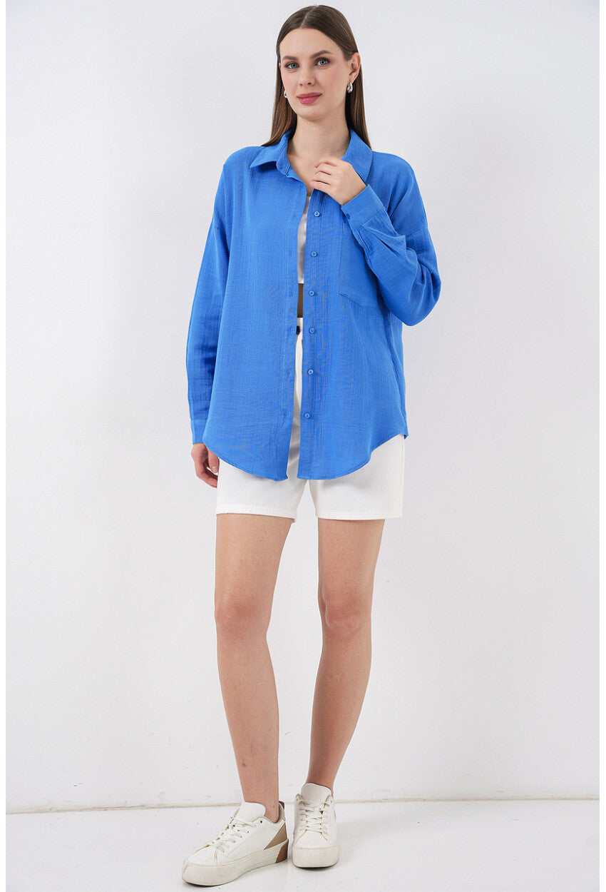 Kadın Tek Cepli Oversize Müslin Gömlek 20353