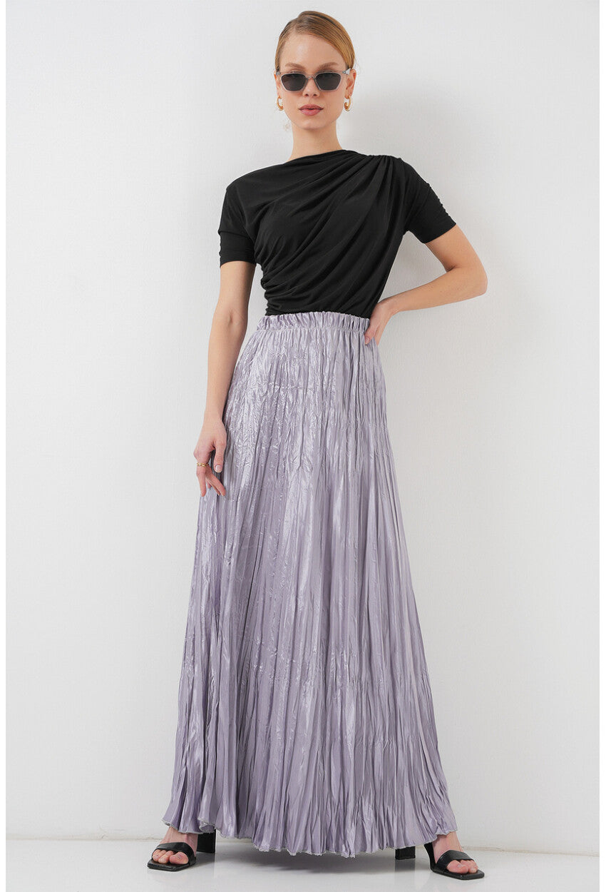 Kadın Uzun Kırışık Parlak Etek 8034