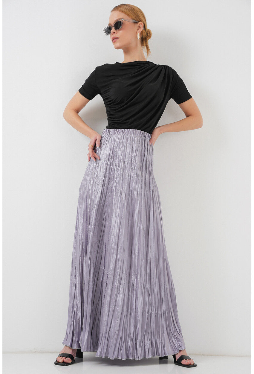 Kadın Uzun Kırışık Parlak Etek 8034