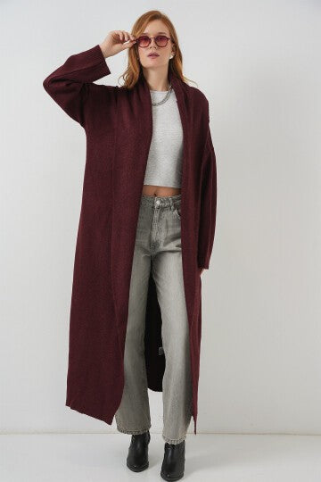Kadın Uzun Oversize Triko Hırka 15924 - Bordo